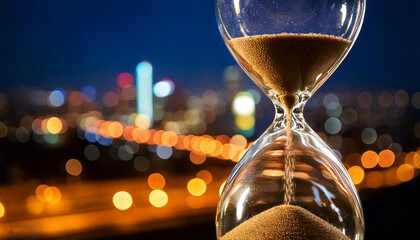 Hourglass in close and cosmopolitan city at nignt in the background with vivid colors and long exposure.