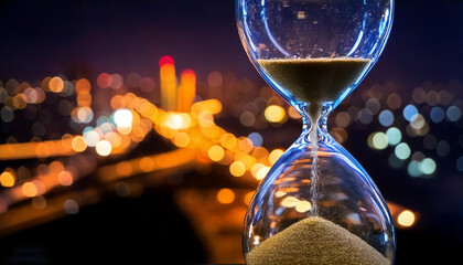 Hourglass in close and cosmopolitan city at nignt in the background with vivid colors and long exposure.