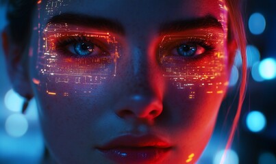 A close-up portrait of a person with digital effects on their face.