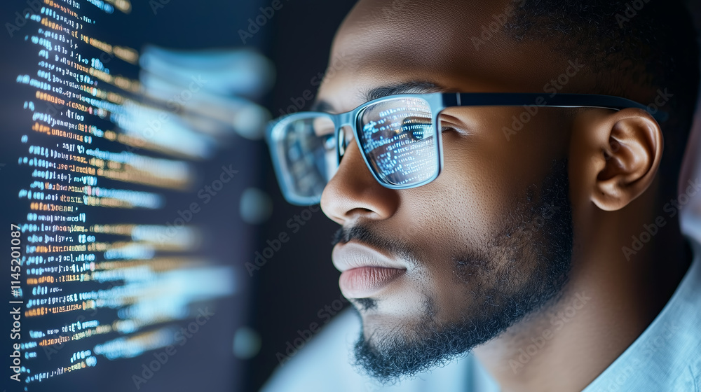 Poster focused software developer analyzing code on a screen at night in a modern workspace