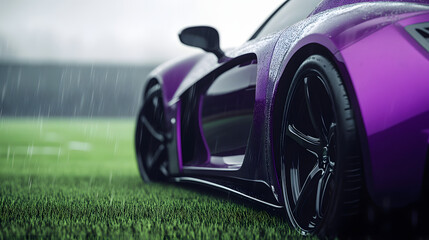 A bright purple GoCoda sports car concept with glossy black accents parked on the grassy surface of a weathered football field.