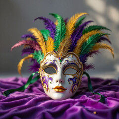 Intricately designed carnival mask with colorful feathers, festive mood, placed on purple velvet, sunlight background