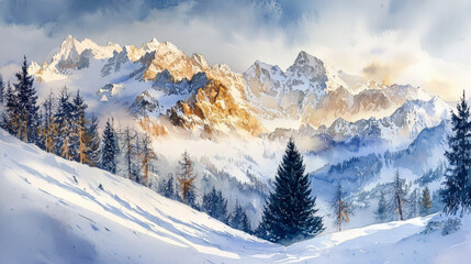 Naklejka premium serene watercolor painting of snowy mountain landscape with trees