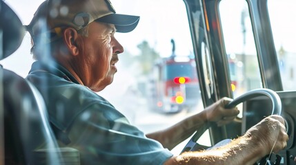 American fire barged man experienced fire engine driver steering through chaotic street focus on the man on a white background representing the swift response of fire service personnel