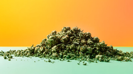 A carefully curated pile of crushed weed and green buds atop a bright gradient-colored background.