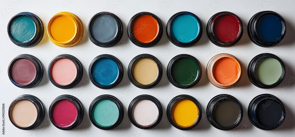 Poster a collection of colorful paint pots arranged in a grid on a white surface.