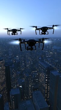 An army of drones battles in the dark sky, firing laser beams at one another while hovering over a foggy city landscape at night