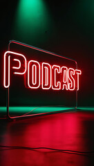 red sign with the word podcast 