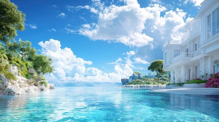 Obraz premium Luxurious seaside villa with infinity pool, clear water, and scenic view.