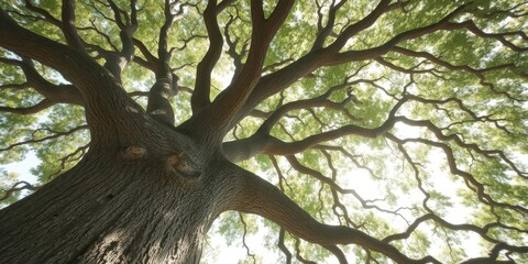 Ancient live oak, branches reaching skyward, sunlight dappled leaves, environment, forest