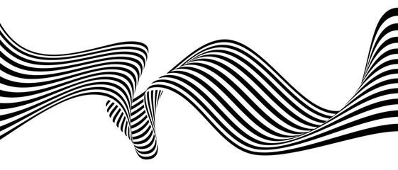 Dynamic black and white wavy lines create an abstract visual pattern
