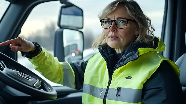 A middle-aged woman with a high-visibility jacket stands near the wheel of a truck