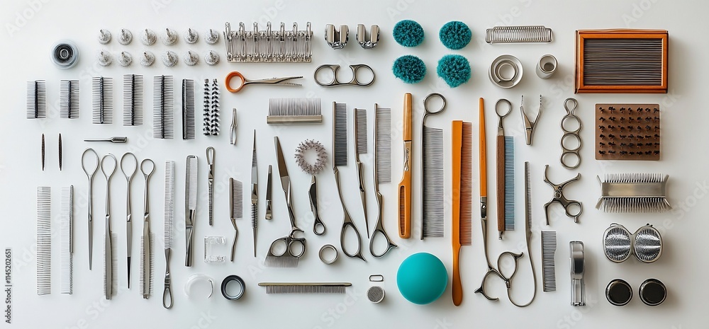 Poster a collection of grooming and styling tools arranged neatly.