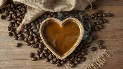 Aromatic coffee, heart-shaped steam, burlap, beans, wood, roast, brown, morning