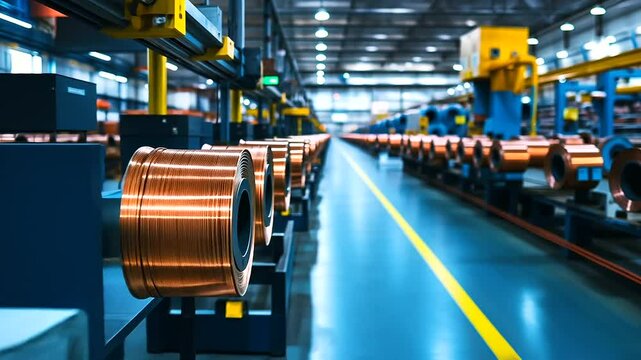 A panoramic view of a bustling production facility with neatly organized copper wire rolls stretching into the distance.