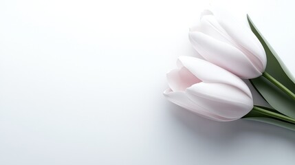 Fototapeta premium Two elegant pale pink tulips lying on a clean white background with copy space.
