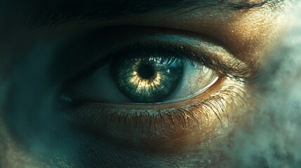 A close up of a person's eye with a bright blue iris