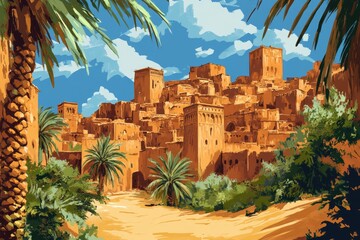 Obraz premium Aerial View of Kasbah Ait Ben Haddou: A Majestic Moroccan Fortress in the Atlas Mountains