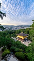 A traditional Japanese pavilion stands gracefully by a calm pond, illuminated by soft lights. Lush trees and serene waters create a peaceful evening atmosphere in this scenic location
