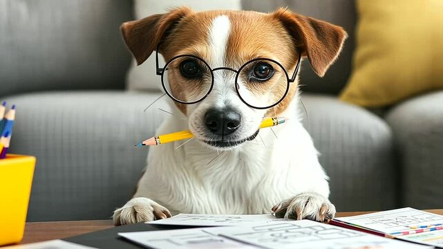A studious dog wearing round glasses holds a pencil in his teeth while sitting on a couch surrounded by educational flashcards and learning toys.