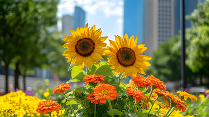 A cheerful sunflower bouquet with two bright yellow blooms and multicolored wildflowers arranged in a glass vase.