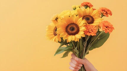 A cheerful sunflower bouquet with two bright yellow blooms and multicolored wildflowers arranged in a glass vase.