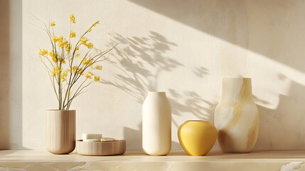 A chic arrangement featuring soft beige tones veined marble smooth light wood and bold yellow ceramics.