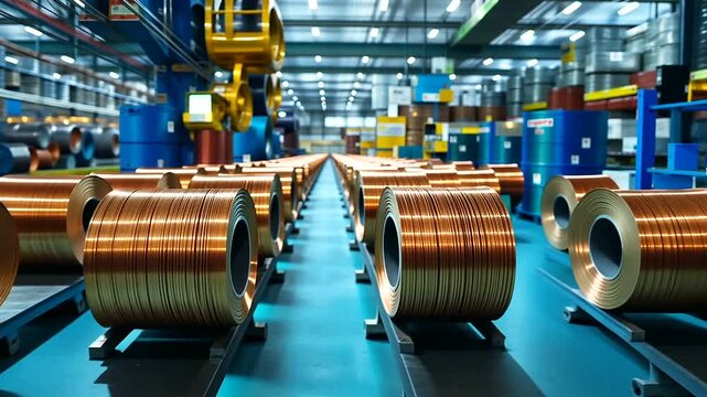 A wide shot of copper wire rolls arranged in perfect symmetry, with a backdrop of advanced manufacturing equipment.