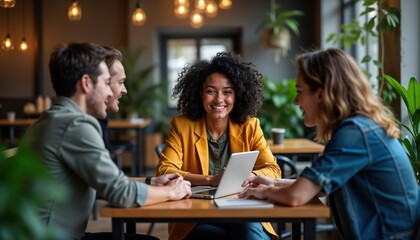 Group of creative designers hold discussion in cafe. Positive ideas shared with laughter, smiles. Casual business discussion, casual attire. People sitting at table with laptop. Modern meeting in