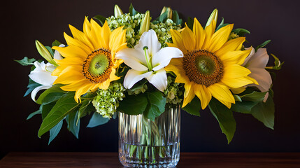 Fototapeta premium A classic sunflower bouquet featuring two large yellow blooms white lilies and vibrant greenery in a crystal vase.
