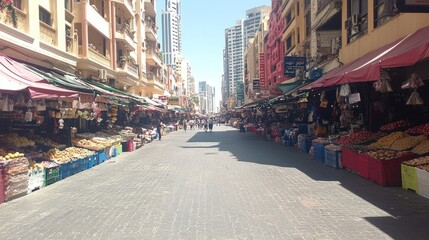 Obraz premium Vibrant market street lined with stalls selling fresh produce and goods.