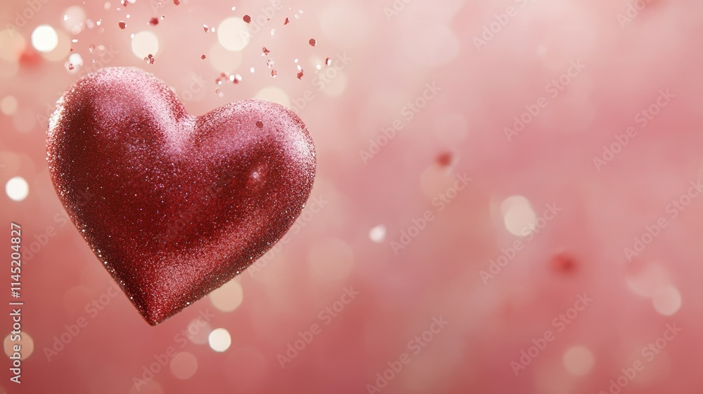 Poster sparkling red heart floating on pink background with bokeh effect