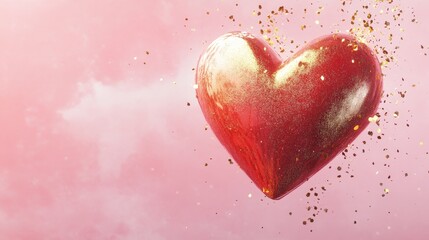 Fototapeta premium Glimmering Red Heart With Golden Sparkles Against Pink Background