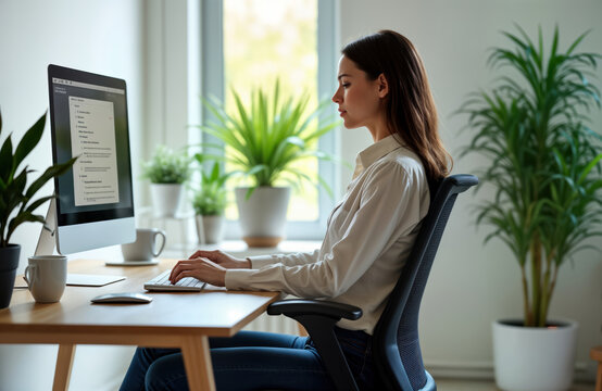 Young woman sits at modern office desk. Keeps good posture working on computer. Indoor office setting. Plants visible. Focus on comfortable work environment, productivity. Modern office scene.
