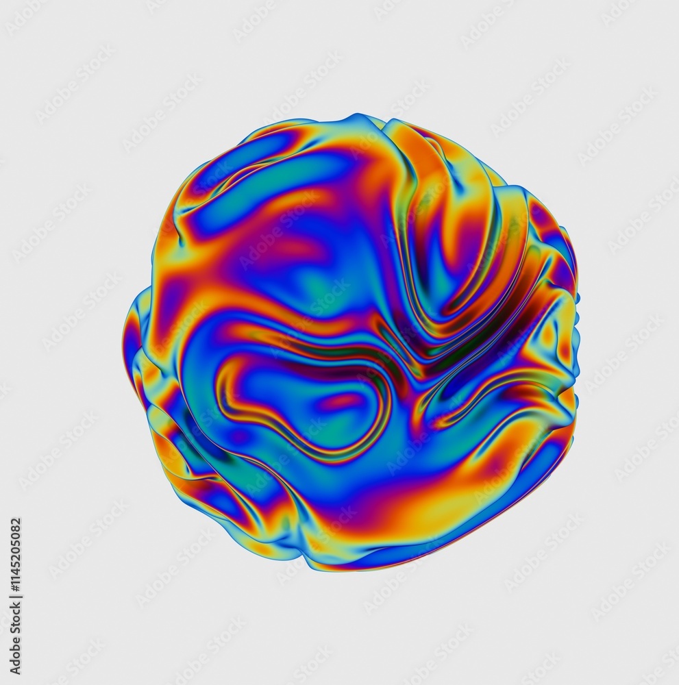 Poster Holographic glossy sphere with ripples and distortions on the surface with rainbow iridescences. Abstract 3D illustration of futuristic glitchy blob.