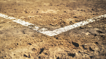 A close-up view of a home plate on a baseball field with dirt scattered across it and fresh white chalk lines.