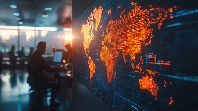 A glowing digital map of global connectivity displayed in a sunlit control room, engineers working in the background