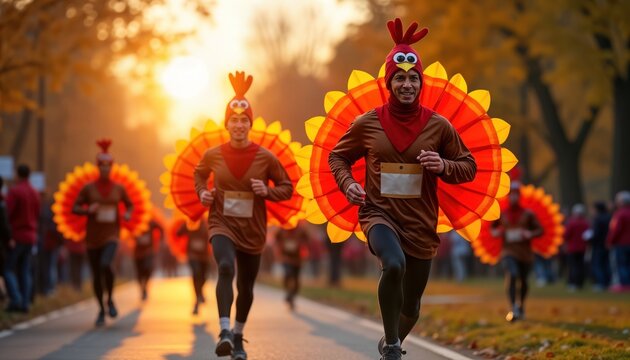 Runners wear vibrant turkey costumes in festive Thanksgiving morning race. Sunrise lights up park. Many people cheer for runners. Joyful atmosphere. Community event. Holiday spirit. Fun, energetic - Powered by Adobe