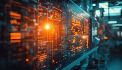 Fototapeta premium A glowing holographic timeline of future tech displayed in a naturally lit lab, sunlight casting subtle shadows on whiteboards