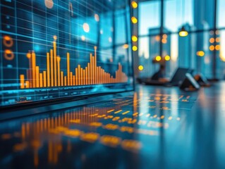 A glowing investment chart projected in a sunny meeting room, investors and entrepreneurs discussing growth strategies