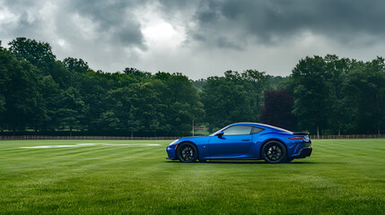 A cobalt blue GoCoda sports car with glossy black accents resting elegantly on the green lawn of a rustic football field.