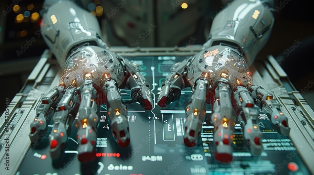 Poster close-up of robotic hands interacting with a high-tech control panel.