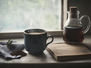 Heißer Kaffee mit Kaffeebohnen und Notizbuch

