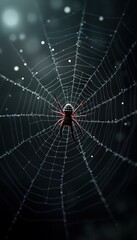 Fototapeta premium Scary spider in dark spider web. Detailed intricate web pattern. Dark mysterious creepy atmosphere. Halloween design. Nighttime horror scene. Spooky web with dew drops. Spider in middle of web.