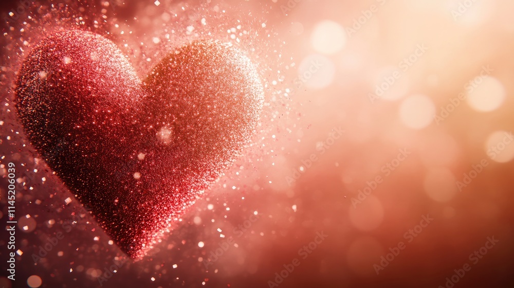 Poster sparkling red heart with glittering background and bokeh effect