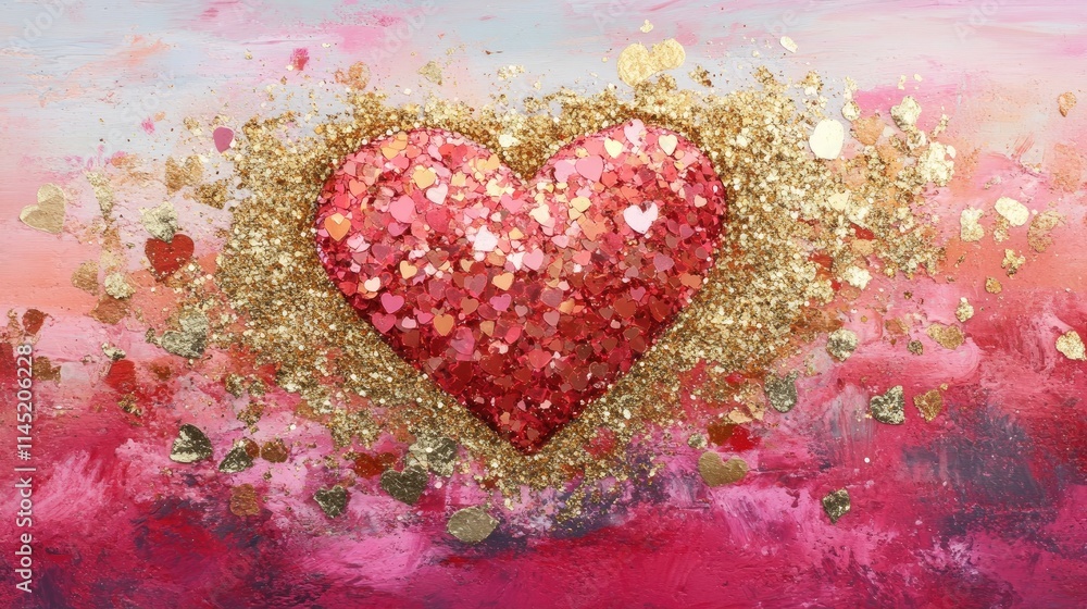 Aufkleber glittering heart shape design with golden sparkles on colorful background
