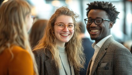 A group photo of business professionals laughing at a networking meetup, natural light creating an inviting atmosphere