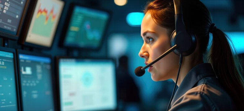 Focused female emergency operator wearing headset attentively monitors multiple screens. Alert, multitasking, coordinating emergency response. Critical information visible on screens. Dedicated