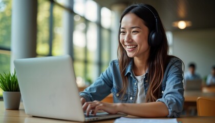 Young Hispanic Asian student smiles happily using laptop, headphones for online meeting on university campus. Focused on work. Distance learning concept shown. Female student preparing for online