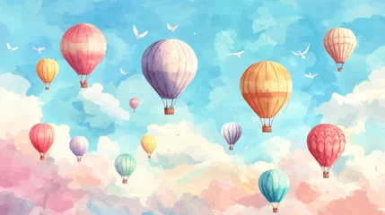 Colorful hot air balloons floating in bright blue sky with clouds